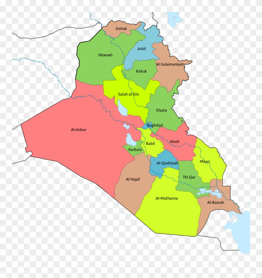 Political map of Iraq showing its provinces with names and borders, including Baghdad, Basra, and Mosul, on a transparent background.