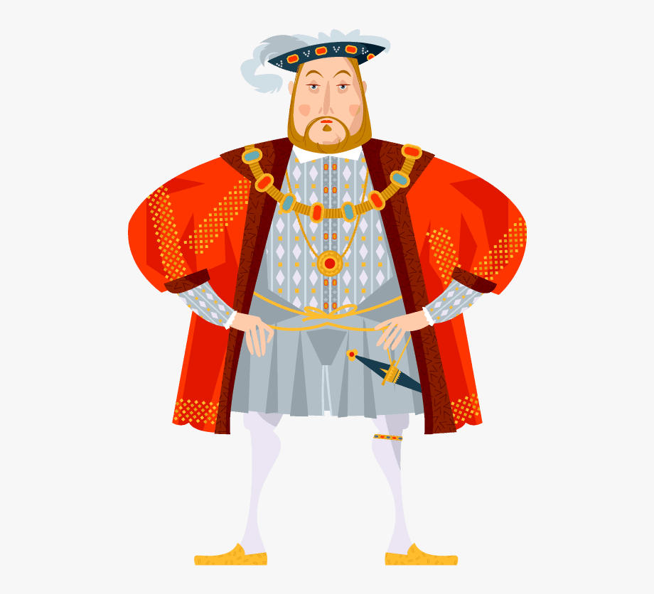 Illustration of a regal figure in historical royal attire, wearing a red robe, ornate chain, and crown, standing confidently.