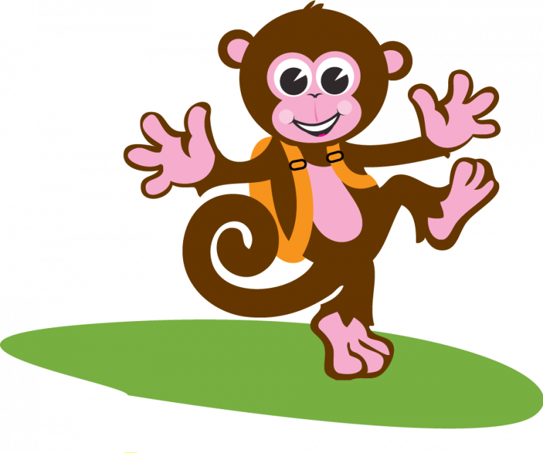 A cheerful cartoon monkey wearing a yellow backpack, standing on a green patch of grass with its arms raised.