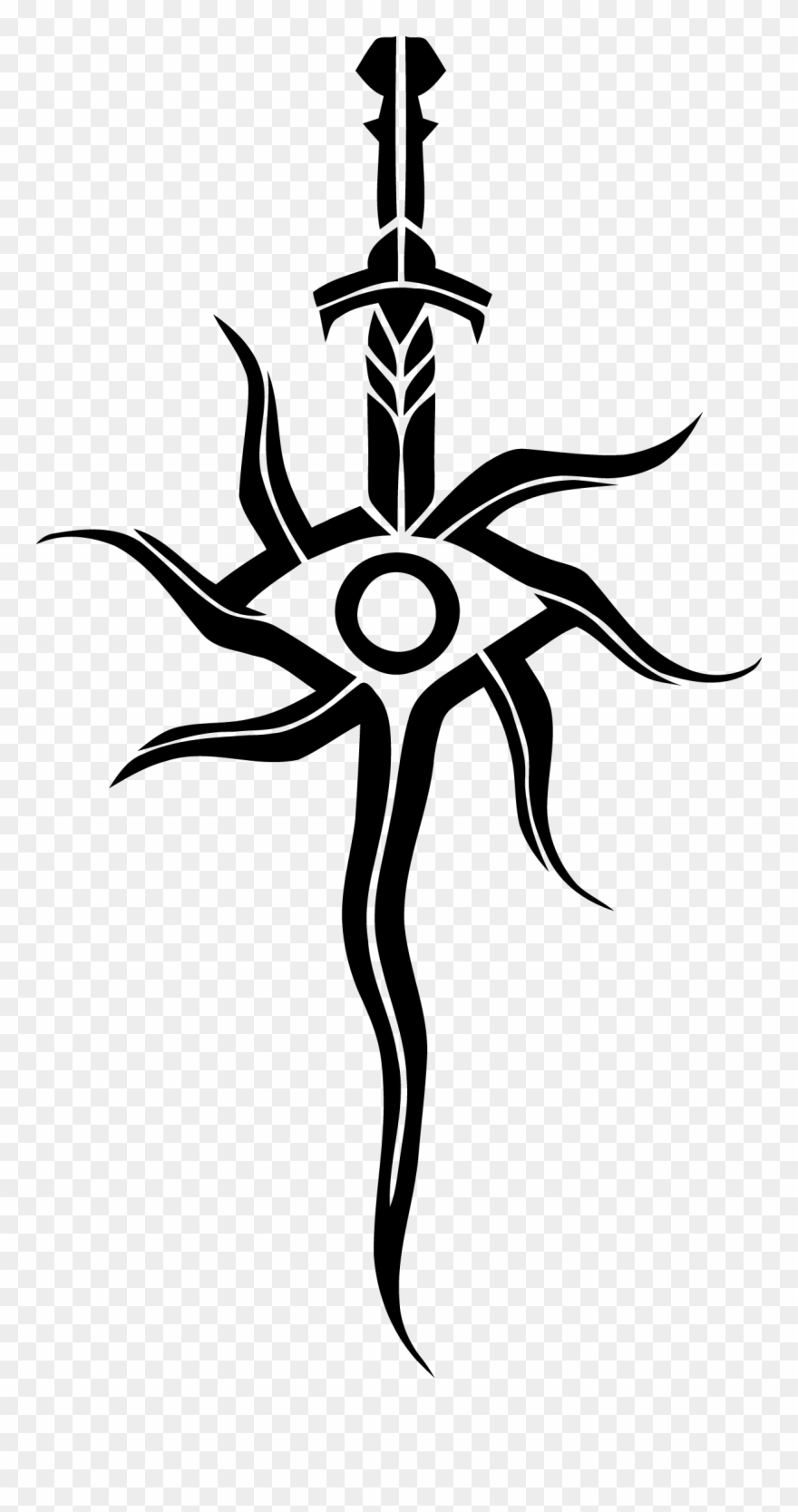 Black tribal-style sword with an eye symbol at the hilt, featuring intricate flowing lines and a checkered background.