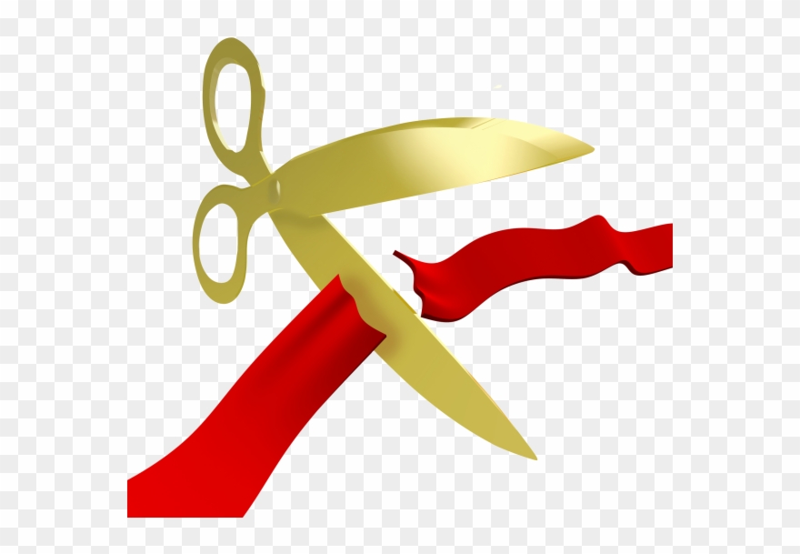 Gold scissors cutting a red ribbon on a transparent background