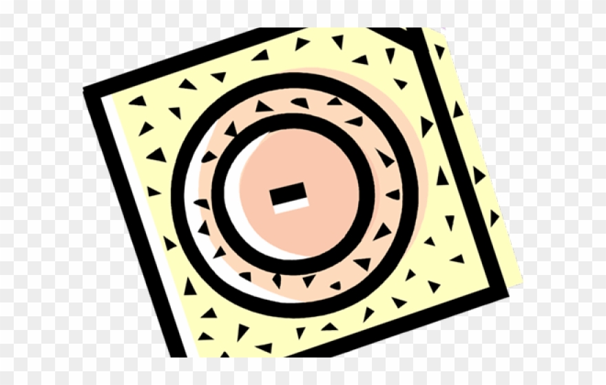 Geometric square design with concentric circles and triangular patterns in black, beige, and peach tones.