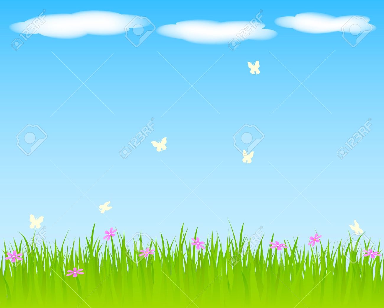 A vibrant spring scene with green grass, pink flowers, and white butterflies flying under a blue sky with fluffy clouds.