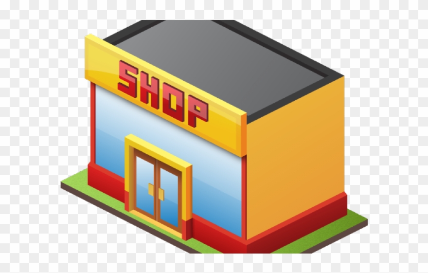 Isometric illustration of a colorful shop building with a yellow facade, red base, and "SHOP" sign on the roof.