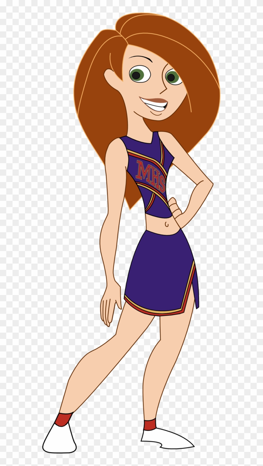 A cartoon cheerleader with long brown hair wearing a purple and gold uniform with "MHS" on the top, standing confidently with one hand on her hip.