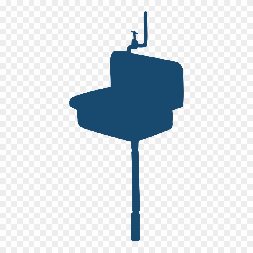 Blue silhouette of a sink with faucet and drainpipe on transparent background