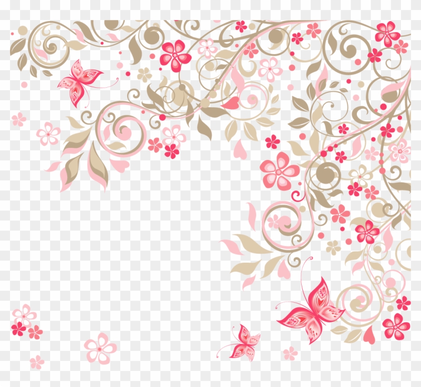 Pink and beige floral swirl design with butterflies and flowers on a transparent background