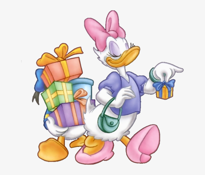 Daisy Duck carrying a stack of colorful gift boxes and holding a small present, wearing a purple dress and pink bow.