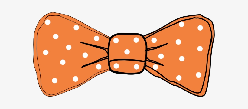 Orange bow tie with white polka dots, outlined in black, on a white background.