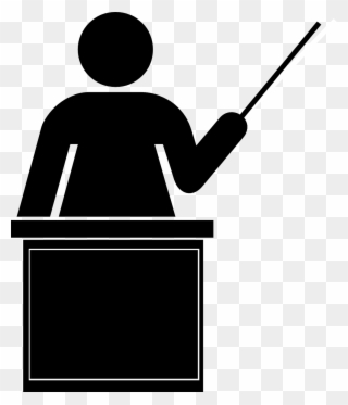 Black silhouette of a person standing at a podium, holding a pointer stick, presenting or teaching.