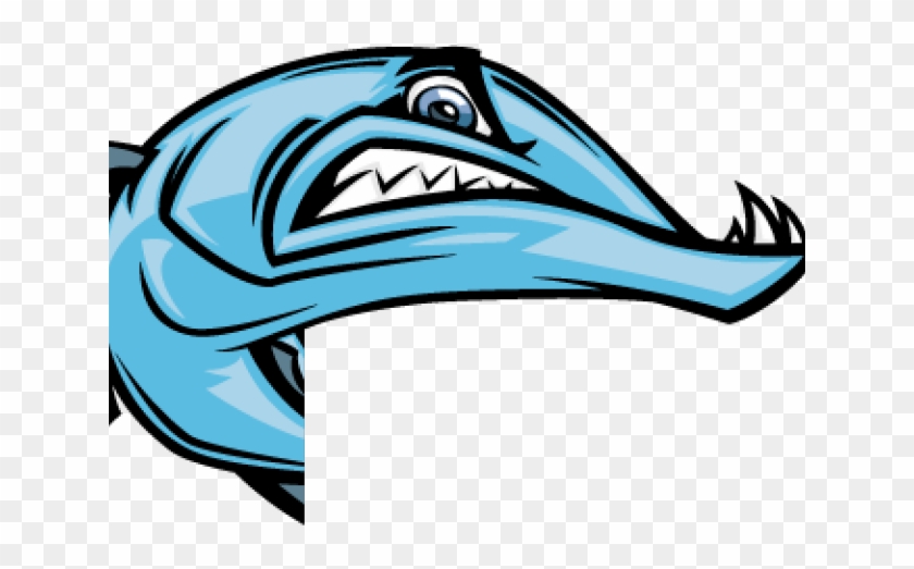 Blue cartoon shark head with sharp teeth and fierce expression