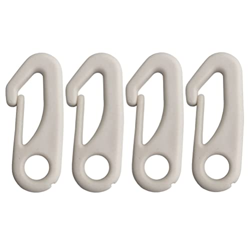 Four white plastic carabiner hooks arranged in a row on a white background.