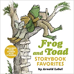 A colorful book cover featuring two frogs, Frog and Toad, sitting in a tree with a ladder. One frog reads a book while the other holds a stick. The title "Frog and Toad Storybook Favorites" by Arnold Lobel is displayed prominently.