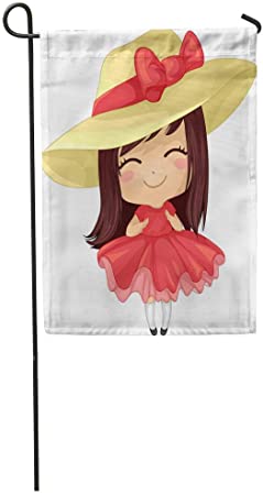 A garden flag featuring a cute cartoon girl with long brown hair, wearing a yellow hat with a red bow and a red dress, smiling with closed eyes.