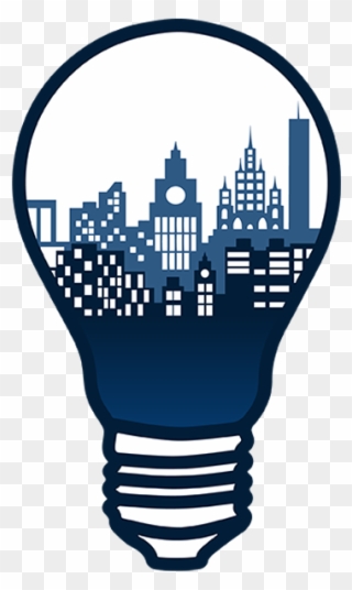 Blue light bulb with a city skyline silhouette inside, symbolizing innovation and urban ideas.