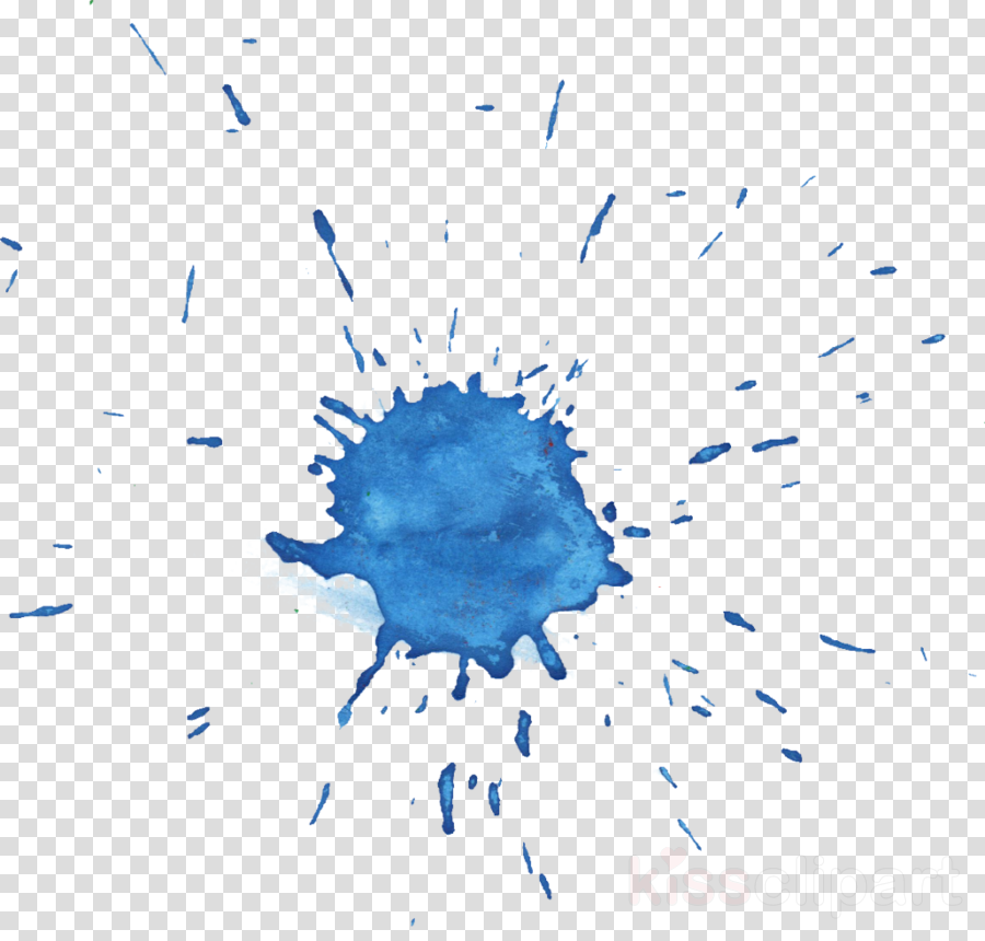 Blue watercolor splatter with ink droplets on transparent background