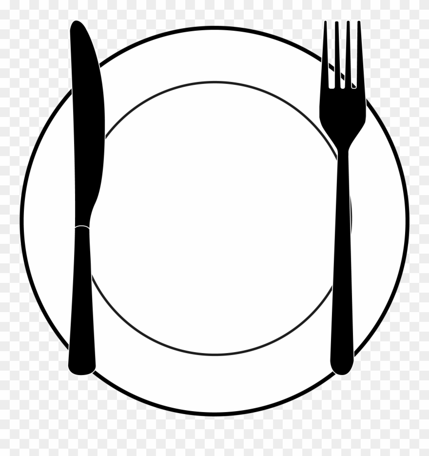 Black and white silhouette of a plate with a knife on the left and a fork on the right.