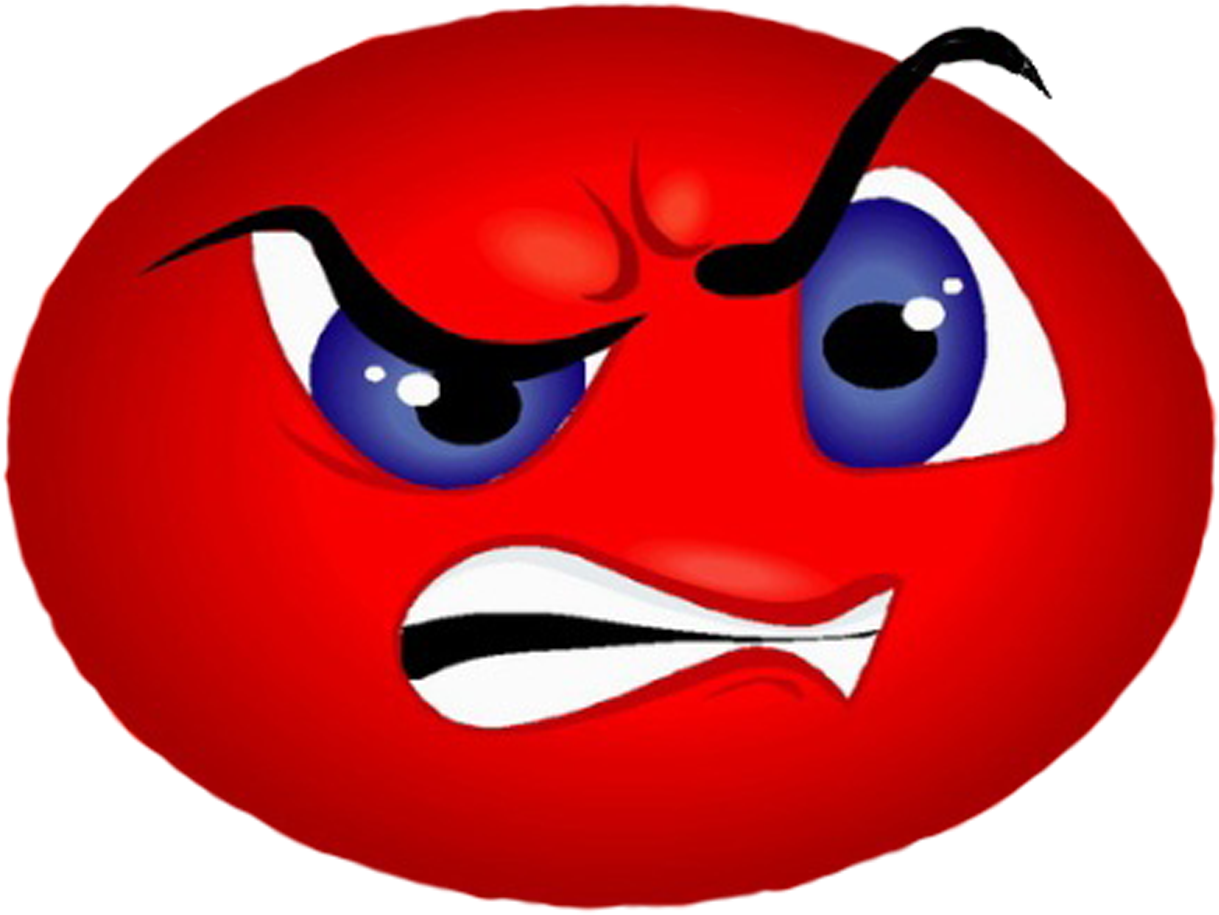 A red, round emoji with a fierce expression, featuring narrowed blue eyes, a furrowed brow, and a snarling mouth.