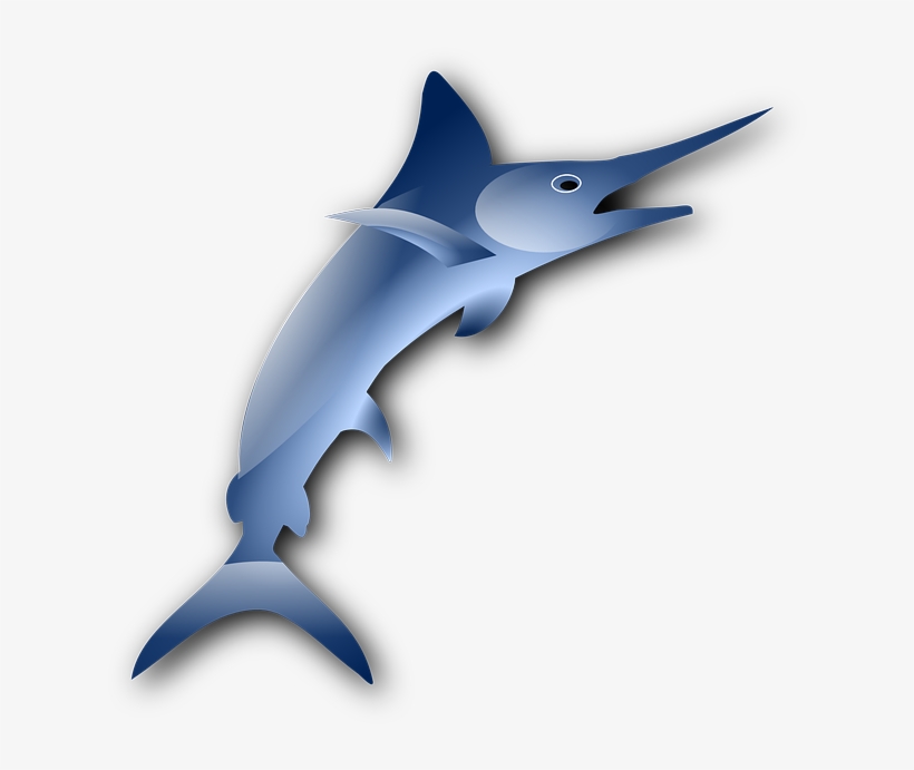 Blue marlin fish leaping out of water, stylized graphic illustration