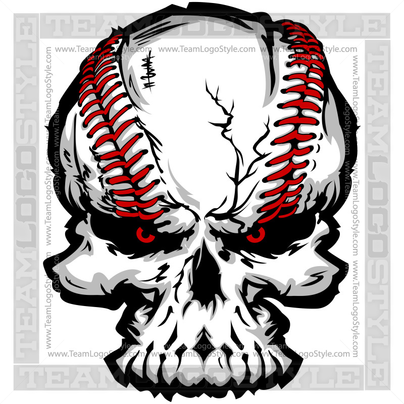 A stylized skull design incorporating a baseball with red stitching, featuring intense red eyes and a menacing expression.