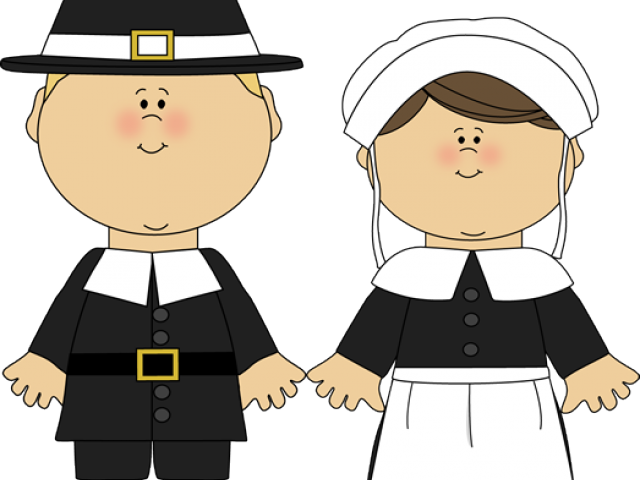Two children dressed in Pilgrim costumes, a boy in a black hat and outfit with a white collar, and a girl in a white bonnet and black dress with a white apron.
