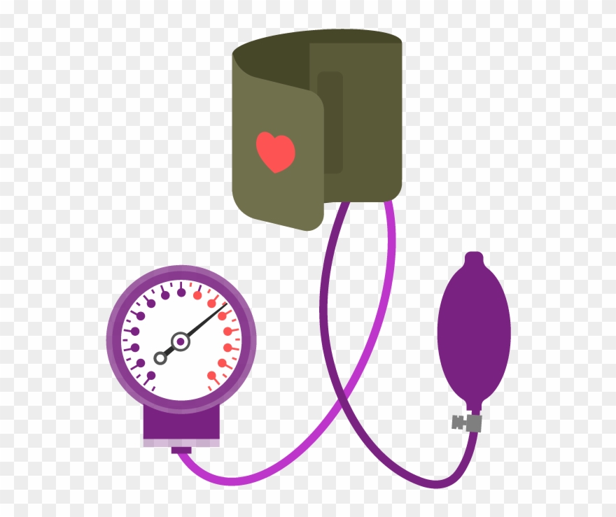A stylized illustration of a blood pressure monitor with a purple gauge, green cuff featuring a red heart, and a purple bulb, set against a transparent background.