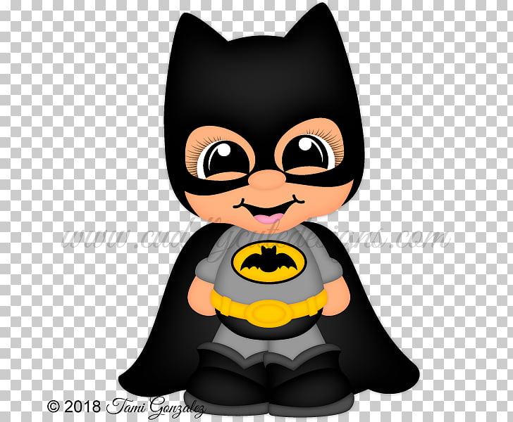 A cute cartoon baby dressed as Batman with a black cape, gray suit, yellow belt, and bat emblem, smiling with large eyes.