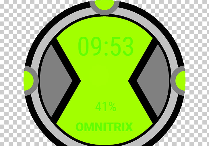 A digital watch face with a bright green display showing "09:53" and "41%", labeled "OMNITRIX" at the bottom, set against a black and gray circular design.