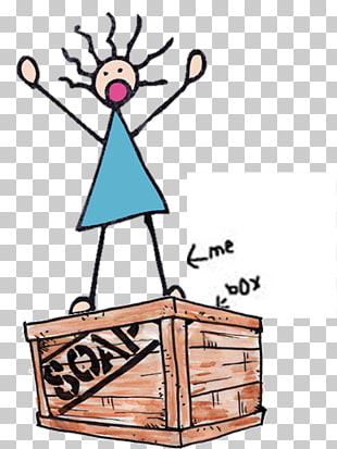 A stick figure with spiky hair and a blue triangle body stands triumphantly on a wooden crate labeled "SOAP," arms raised, with a speech bubble saying "me box."