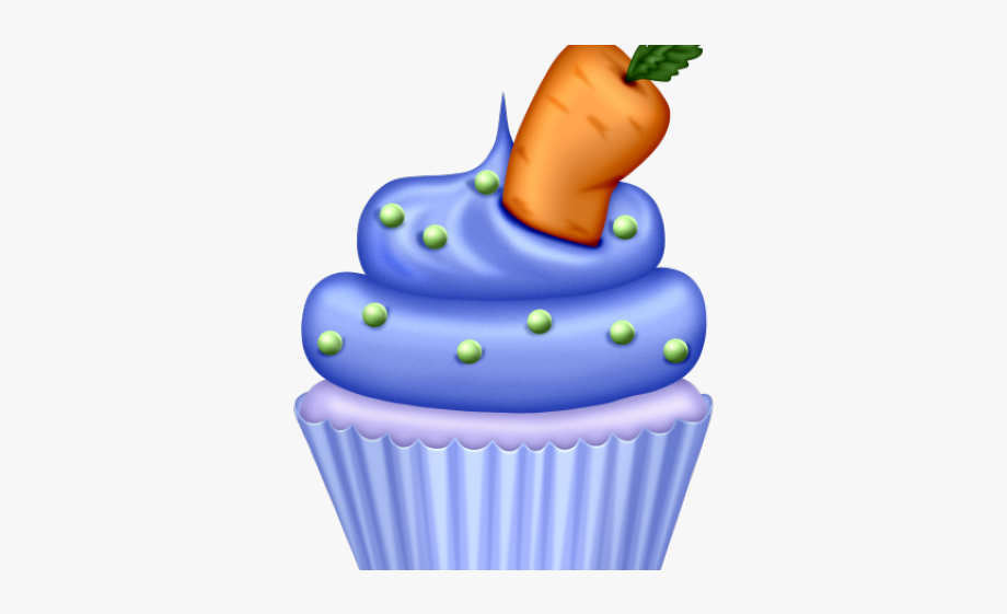 A blue frosted cupcake with a carrot on top and green sprinkles.