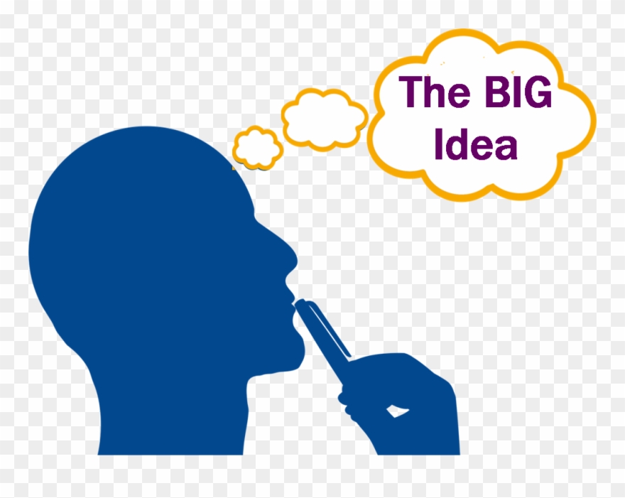 Silhouette of a person in profile holding a pen to their mouth with a thought bubble saying "The BIG Idea"