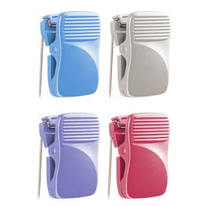 Four colorful plastic toothpick holders in blue, gray, purple, and pink, each with a toothpick inserted.