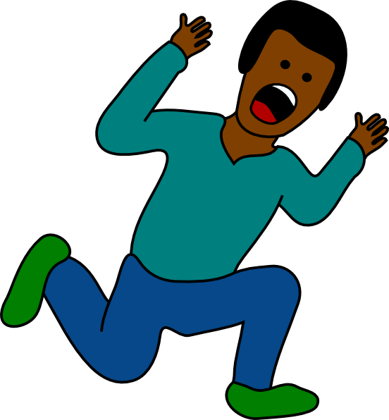A cartoon illustration of a person in a teal shirt and blue pants, running with arms raised and mouth open in surprise or fear.