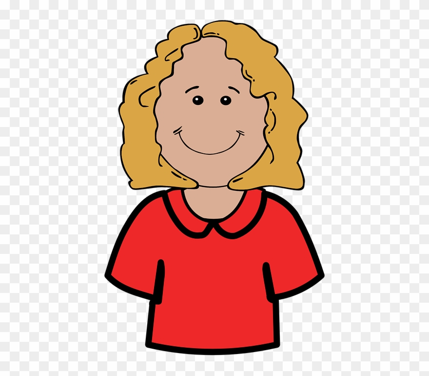 Cartoon illustration of a smiling woman with curly blonde hair wearing a red shirt.