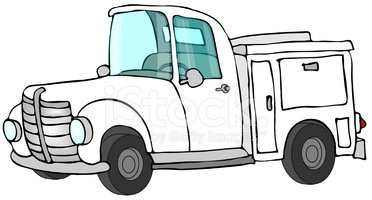 Cartoon-style white utility truck with a toolbox and side door, drawn in a simple line art style.