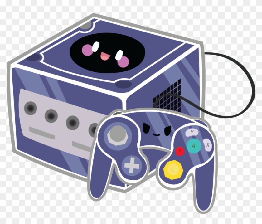 A cute, cartoon-style illustration of a purple Nintendo GameCube console and controller with smiling faces.