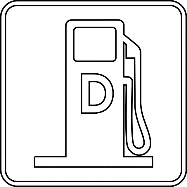 A black and white line drawing of a fuel pump icon with the letter "D" inside a rectangular frame, enclosed in a square border.