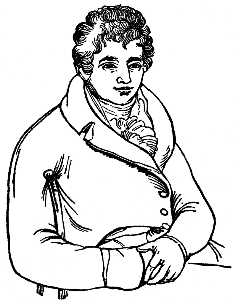 Black and white line drawing of a man in 18th-century attire with curly hair and a high collar.