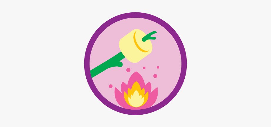 A marshmallow being roasted over a campfire, depicted in a circular icon with a purple border.