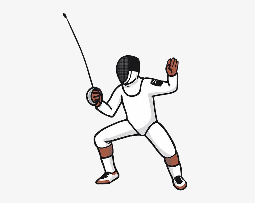 A fencer in a white uniform and black mask, holding a foil in a dynamic stance.