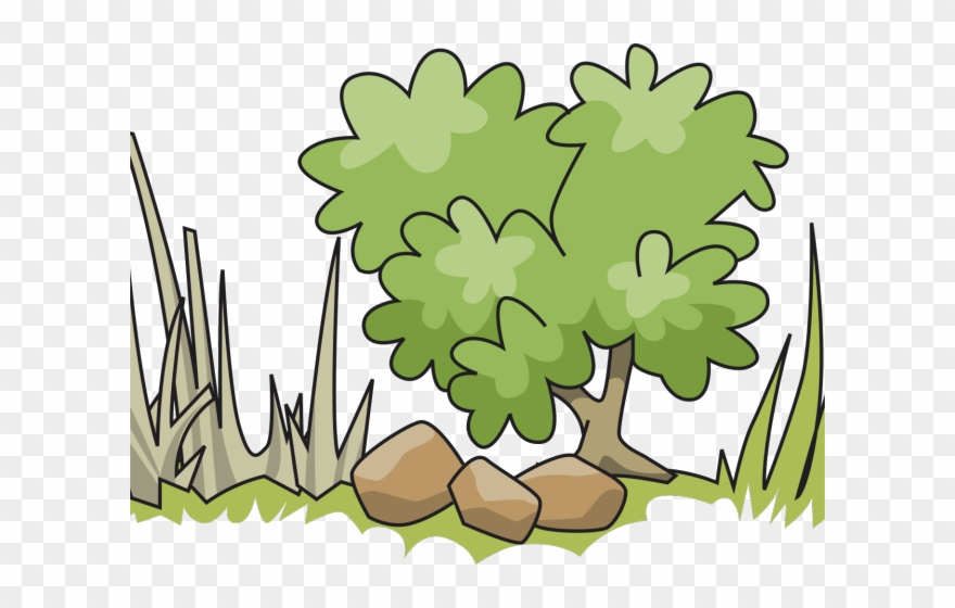 Cartoon-style green bush with rocks and grass on a transparent background
