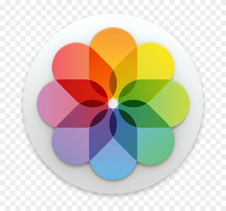 Colorful flower-shaped icon with overlapping petals in rainbow hues on a white circular background.