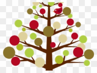 Colorful tree with red, green, and beige circles on brown branches