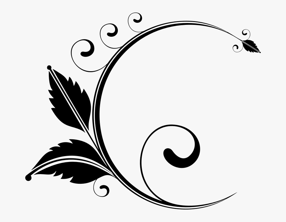 Black and white decorative floral swirl with leaves and scrollwork design