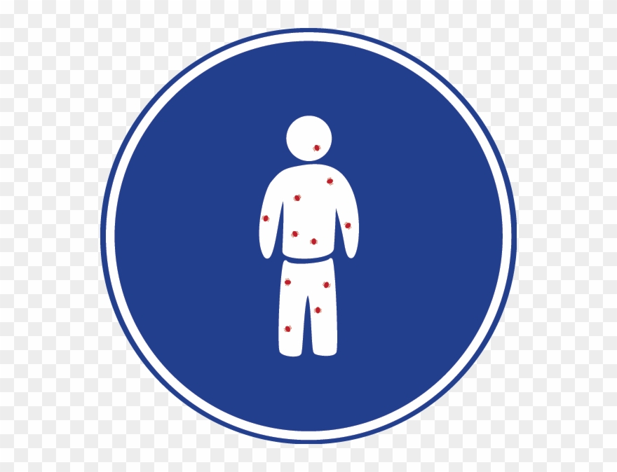 Blue circular sign with white outline showing a human figure covered in red spots, indicating a medical or health hazard.