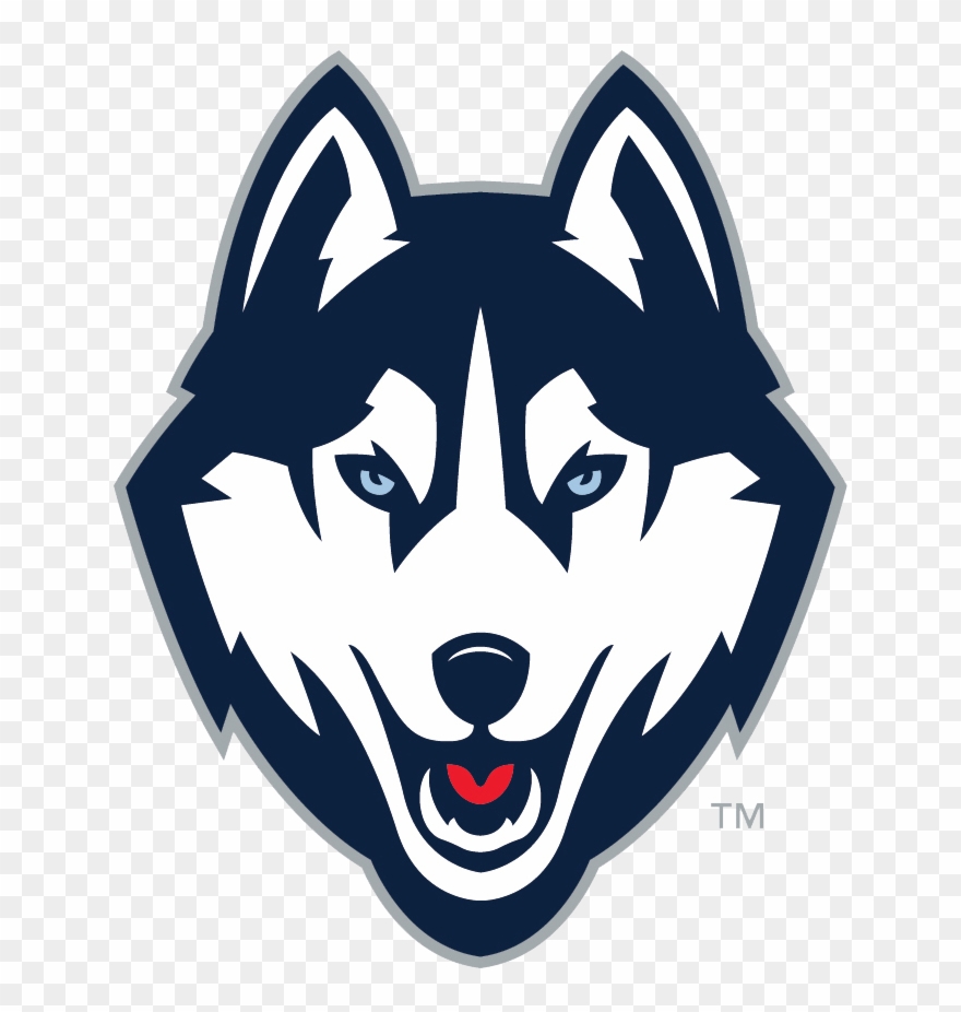 Husky mascot logo with blue eyes and red tongue on a transparent background