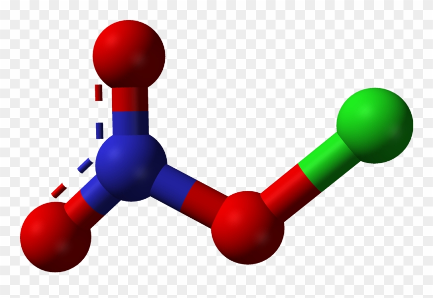 Molecular model of nitrosyl chloride (ClNO) with a central nitrogen atom bonded to a chlorine atom and an oxygen atom, depicted in blue, green, and red spheres.