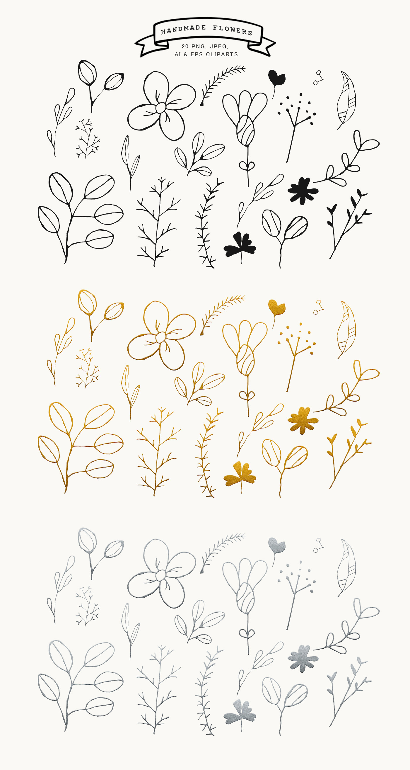 Handmade flowers clipart set in black, gold, and silver, featuring various floral and leaf designs.