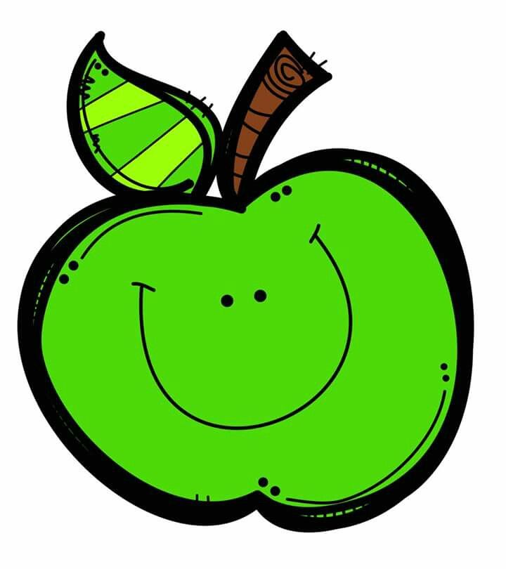 A cheerful green apple with a smiling face, a leaf, and a stem.