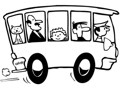 A black and white cartoon illustration of a bus with passengers, including a cat, a man in a suit, a child, and a driver, moving forward with motion lines.